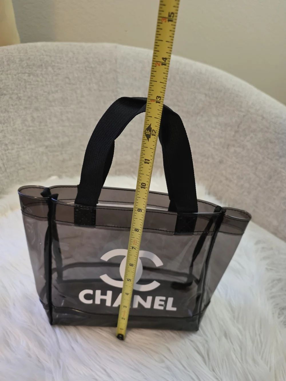 Clear Black Tote Bag with Signature Logo and Scarf Accent